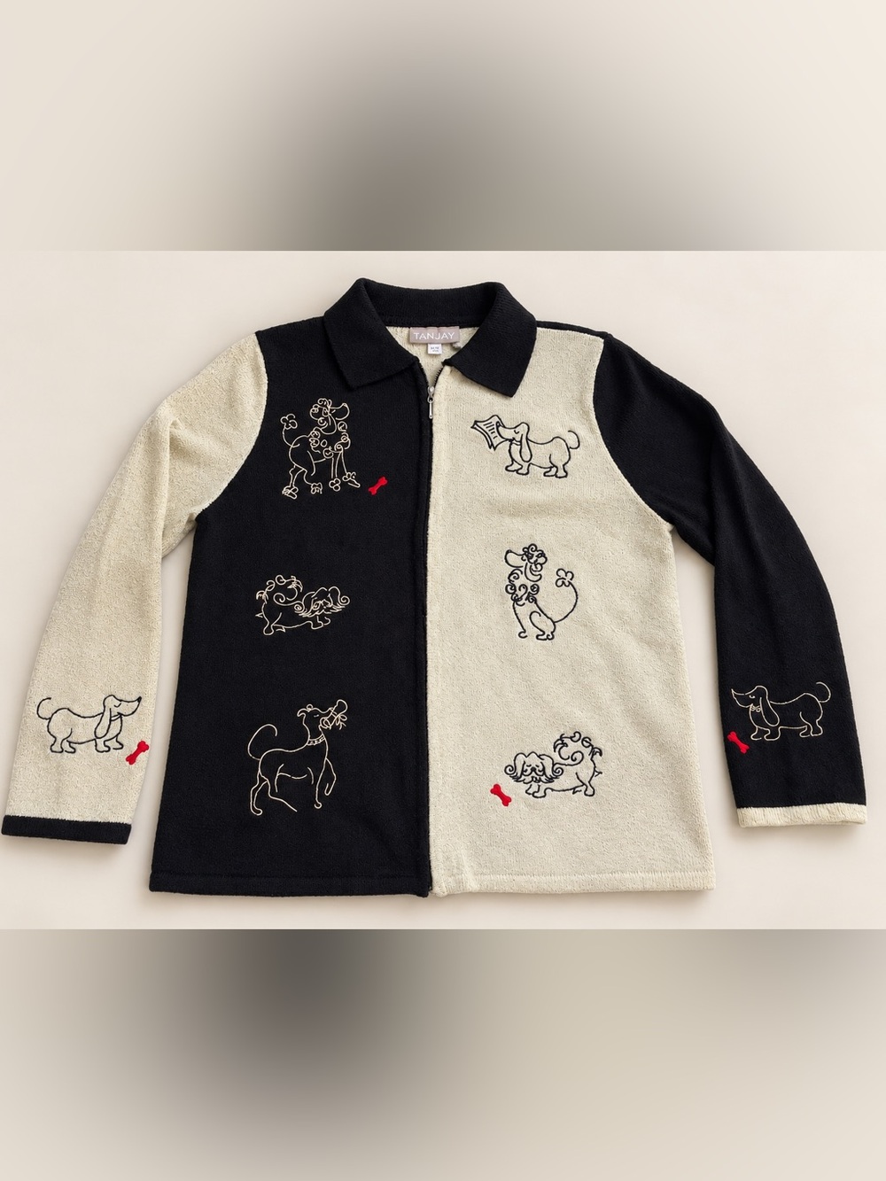 Vintage TanJay Dog Embroidered Zip Sweater Cardigan Medium
